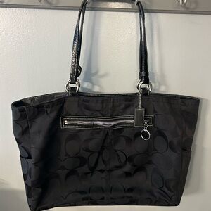 Black Coach Tote Bag with Leather Trim and Medium Handles
